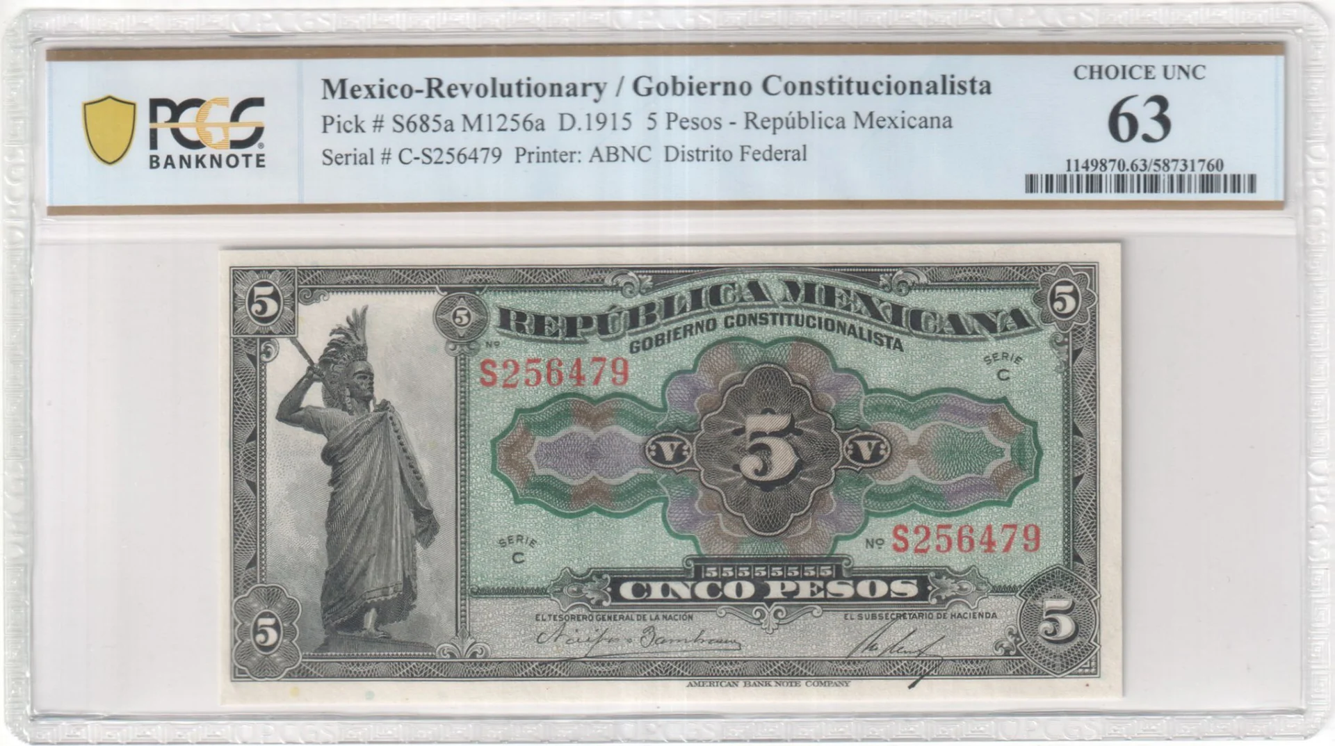 Mexican Currency Revolutionary Currency Revolutionary Currency 5 Pesos 1915 Distrito Federal M1256a P S685a PCGS Ch UNC63 f_35714 Revolutionary Currency 5 Pesos 1915 Distrito Federal M1256a P S685a PCGS Ch UNC63 f_35714