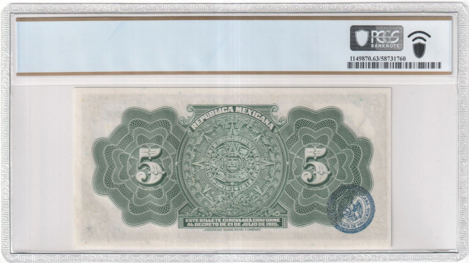 Mexican Currency Revolutionary Currency Revolutionary Currency 5 Pesos 1915 Distrito Federal M1256a P S685a PCGS Ch UNC63 f_35714 Revolutionary Currency 5 Pesos 1915 Distrito Federal M1256a P S685a PCGS Ch UNC63 f_35714Revolutionary Currency 5 Pesos 1915 Distrito Federal M1256a P S685a PCGS Ch UNC63 f_35714 - Image 2