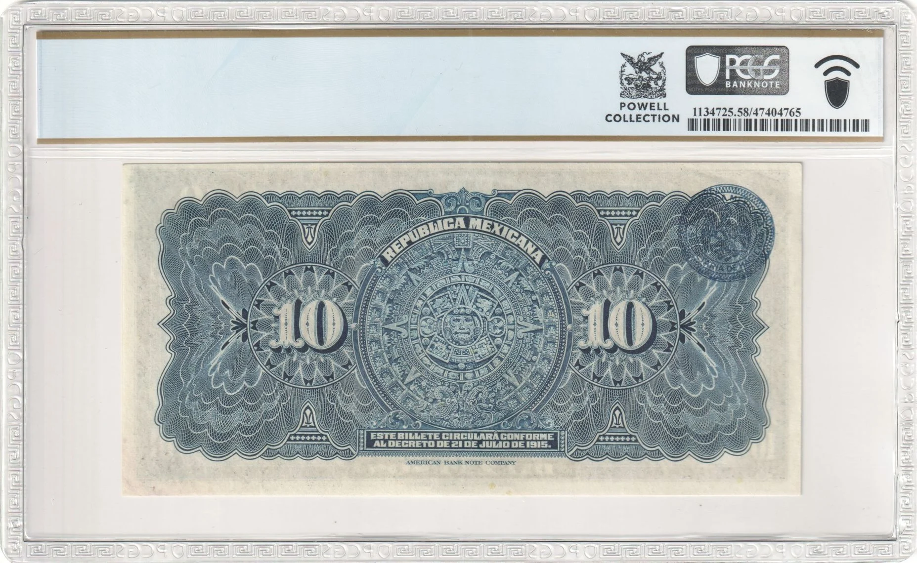 Mexican Currency Revolutionary Currency Revolutionary Currency 10 Pesos 1915 Distrito Federal M1257a P S686a PCGS Ch AU58 f_35715 Revolutionary Currency 10 Pesos 1915 Distrito Federal M1257a P S686a PCGS Ch AU58 f_35715Revolutionary Currency 10 Pesos 1915 Distrito Federal M1257a P S686a PCGS Ch AU58 f_35715 - Image 2
