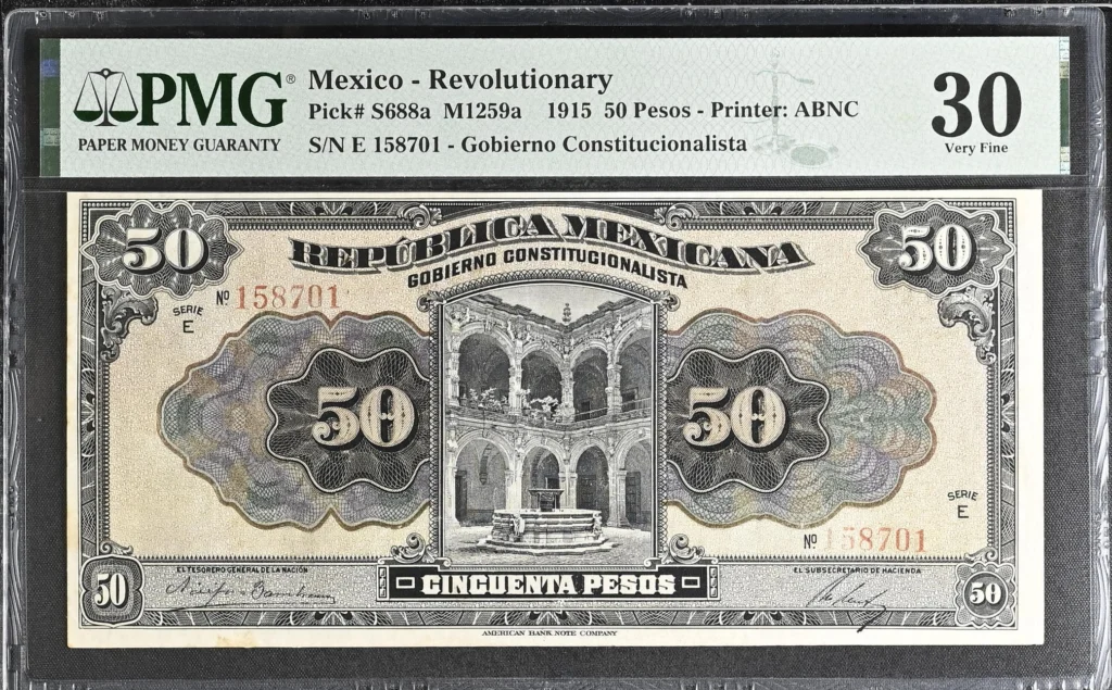 Mexican Currency Revolutionary Currency Revolutionary Currency 50 Pesos 1915 Distrito Federal M1259a P S688a PMG VF30 f_35716 Revolutionary Currency 50 Pesos 1915 Distrito Federal M1259a P S688a PMG VF30 f_35716