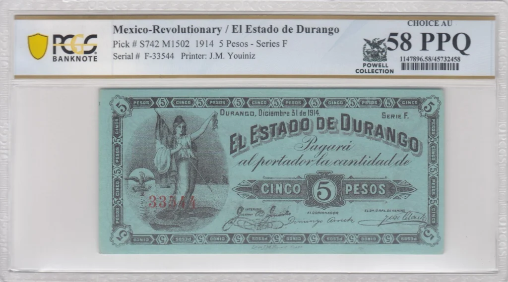 Mexican Currency Revolutionary Currency Revolutionary Currency 5 Pesos 1914 Durango M1502 P S742 PCGS Ch AU58 PPQ f_35717 Revolutionary Currency 5 Pesos 1914 Durango M1502 P S742 PCGS Ch AU58 PPQ f_35717