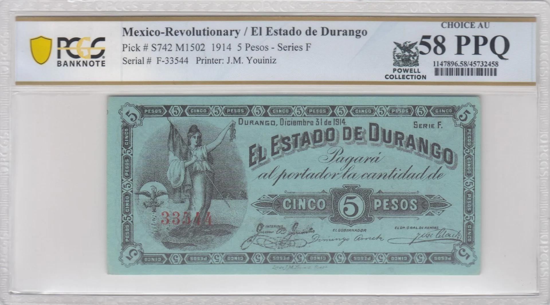 Mexican Currency Revolutionary Currency Revolutionary Currency 5 Pesos 1914 Durango M1502 P S742 PCGS Ch AU58 PPQ f_35717 Revolutionary Currency 5 Pesos 1914 Durango M1502 P S742 PCGS Ch AU58 PPQ f_35717