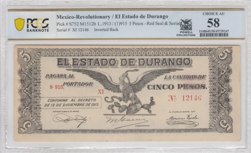 Revolutionary Currency 5 Pesos 1915 Durango M1512b P S752 PCGS Ch AU58 f_35718