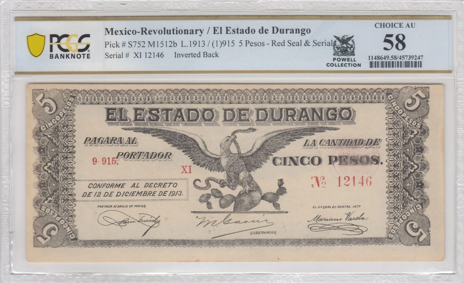 Mexican Currency Revolutionary Currency Revolutionary Currency 5 Pesos 1915 Durango M1512b P S752 PCGS Ch AU58 f_35718 Revolutionary Currency 5 Pesos 1915 Durango M1512b P S752 PCGS Ch AU58 f_35718