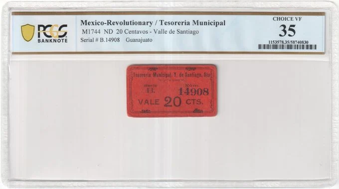 Mexican Currency Revolutionary Currency Revolutionary Currency 20 Centavos Guanajuato PCGS Ch VF35 M1744 f_35719 Revolutionary Currency 20 Centavos Guanajuato PCGS Ch VF35 M1744 f_35719