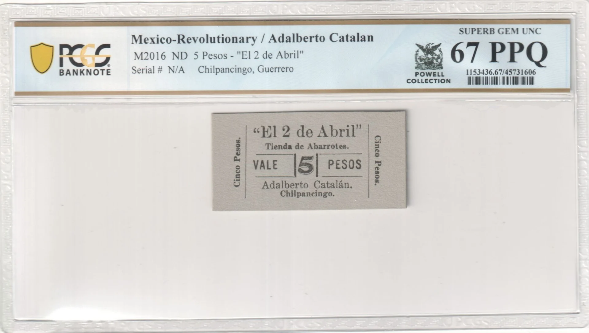 Mexican Currency Revolutionary Currency Revolutionary Currency 5 Pesos Guerrero M2016 PCGS Superb Gem UNC67 PPQ f_35723 Revolutionary Currency 5 Pesos Guerrero M2016 PCGS Superb Gem UNC67 PPQ f_35723
