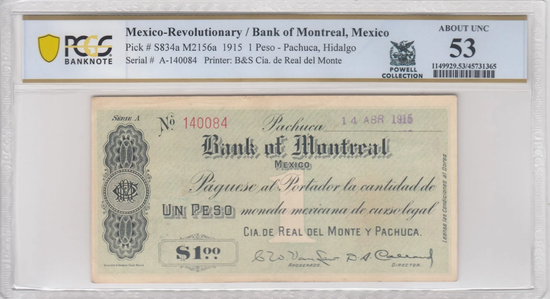 Mexican Currency Revolutionary Currency Revolutionary Currency Peso 1915 Hidalgo M2156a P S834a PCGS AU53 f_35724 Revolutionary Currency Peso 1915 Hidalgo M2156a P S834a PCGS AU53 f_35724