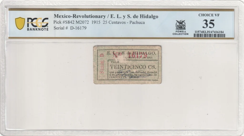 Revolutionary Currency 25 Centavos 1915 Hidalgo M2072 P S842 PCGS Ch VF35 f_35725