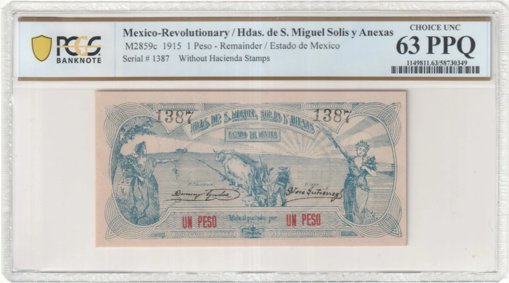 Mexican Currency Revolutionary Currency Revolutionary Currency Peso 1915 Mexico M2859c PCGS Ch UNC63 PPQ f_35729 Revolutionary Currency Peso 1915 Mexico M2859c PCGS Ch UNC63 PPQ f_35729