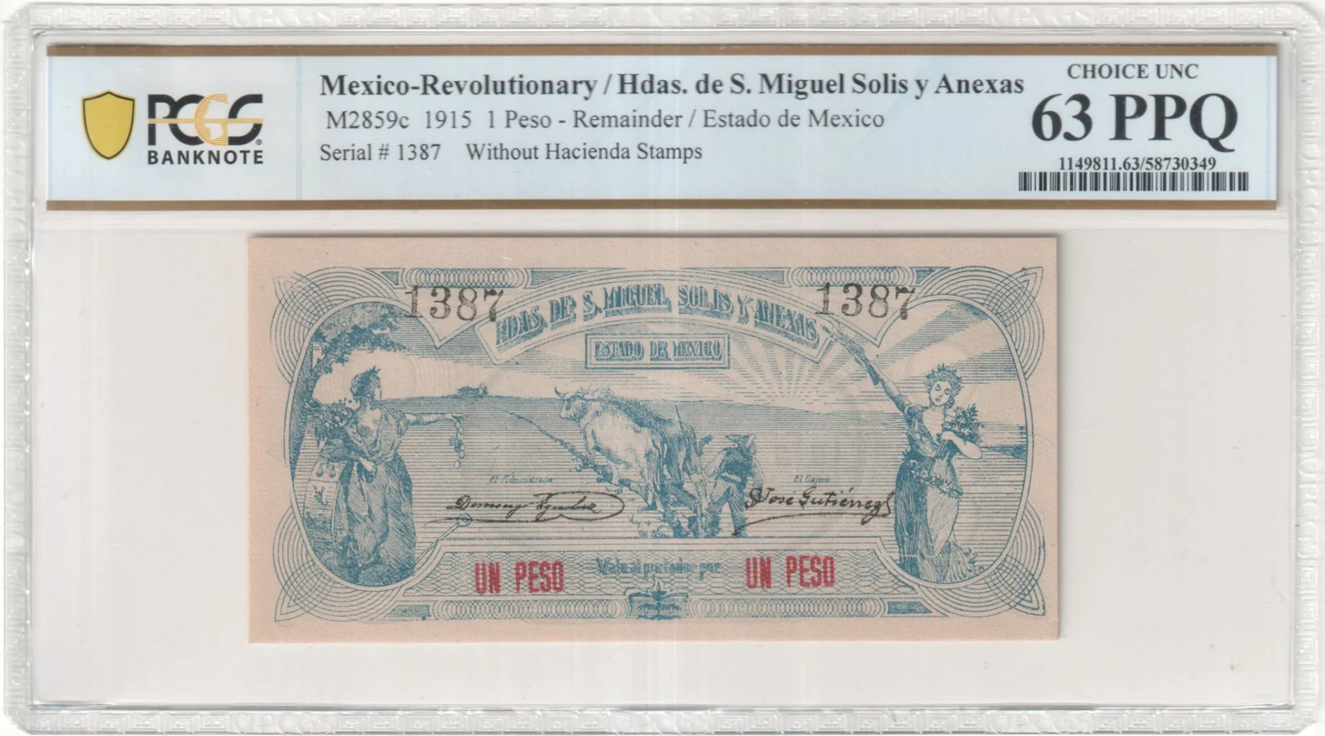 Mexican Currency Revolutionary Currency Revolutionary Currency Peso 1915 Mexico M2859c PCGS Ch UNC63 PPQ f_35729 Revolutionary Currency Peso 1915 Mexico M2859c PCGS Ch UNC63 PPQ f_35729
