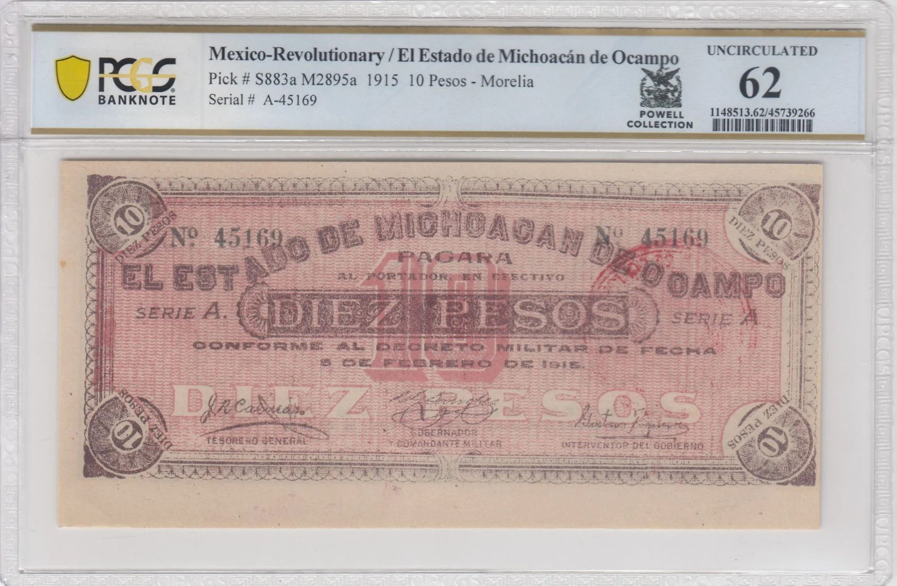Mexican Currency Revolutionary Currency Revolutionary Currency 10 Pesos 1915 Michoacan M2895a P S883a PCGS UNC62 f_35731 Revolutionary Currency 10 Pesos 1915 Michoacan M2895a P S883a PCGS UNC62 f_35731