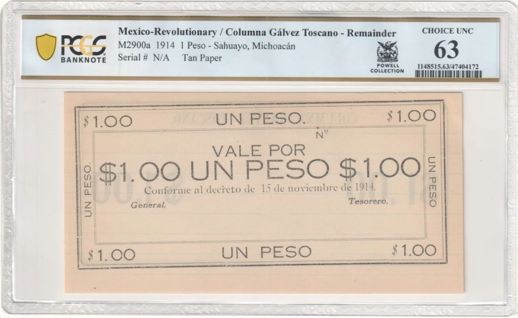 Mexican Currency Revolutionary Currency Revolutionary Currency Peso 1914 Michoacan M2900a PCGS Ch UNC63 f_35732 Revolutionary Currency Peso 1914 Michoacan M2900a PCGS Ch UNC63 f_35732