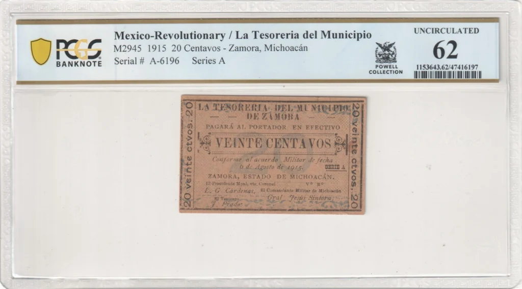Mexican Currency Revolutionary Currency Revolutionary Currency 20 Centavos 1915 Michoacan M2945 PCGS UNC62 f_35733 Revolutionary Currency 20 Centavos 1915 Michoacan M2945 PCGS UNC62 f_35733