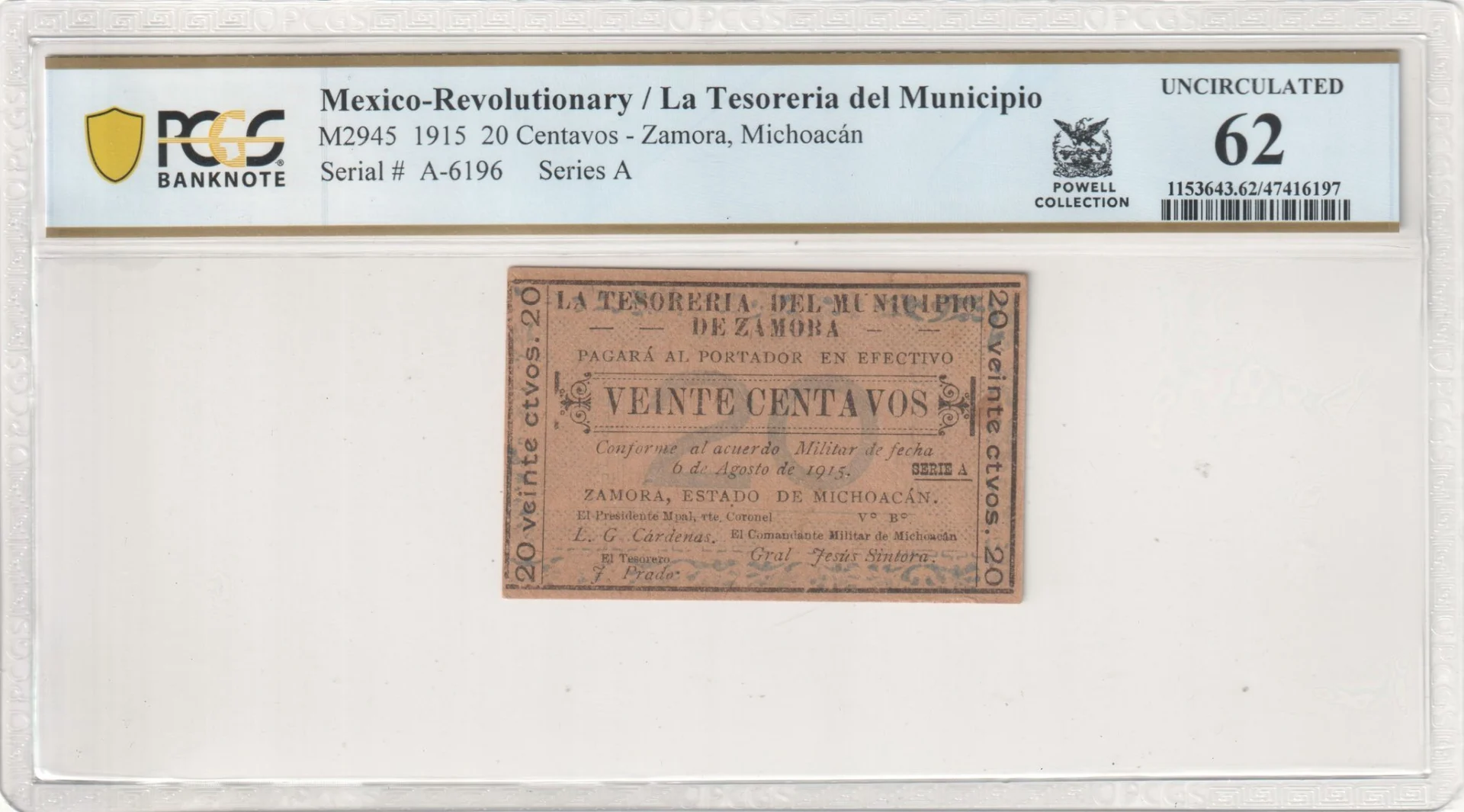 Mexican Currency Revolutionary Currency Revolutionary Currency 20 Centavos 1915 Michoacan M2945 PCGS UNC62 f_35733 Revolutionary Currency 20 Centavos 1915 Michoacan M2945 PCGS UNC62 f_35733