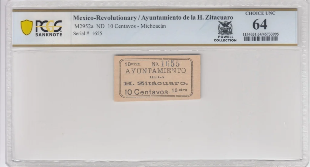 Revolutionary Currency 10 Centavos Michoacan M2952a PCGS Ch UNC64 f_35735