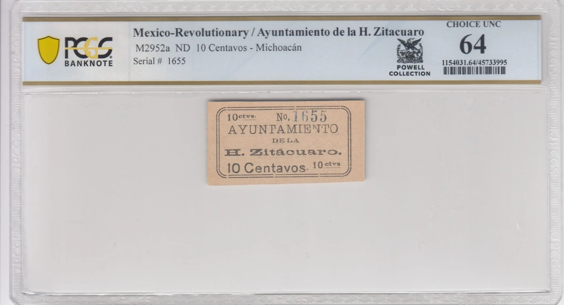 Mexican Currency Revolutionary Currency Revolutionary Currency 10 Centavos Michoacan M2952a PCGS Ch UNC64 f_35735 Revolutionary Currency 10 Centavos Michoacan M2952a PCGS Ch UNC64 f_35735