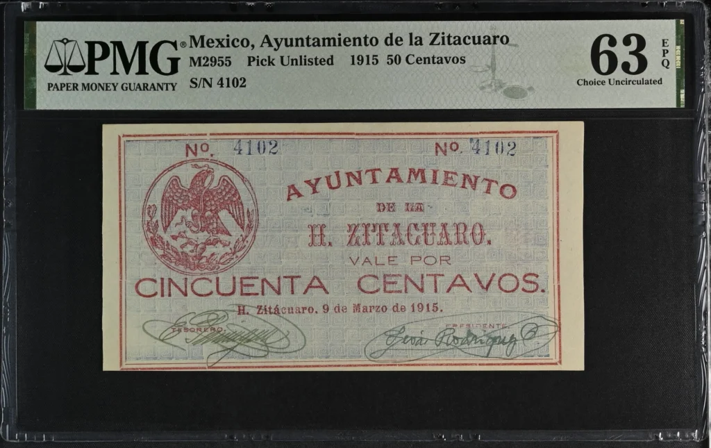 Mexican Currency Revolutionary Currency Revolutionary Currency 50 Centavos 1915 Michoacan M2955 PMG Ch UNC63 EPQ f_35736 Revolutionary Currency 50 Centavos 1915 Michoacan M2955 PMG Ch UNC63 EPQ f_35736