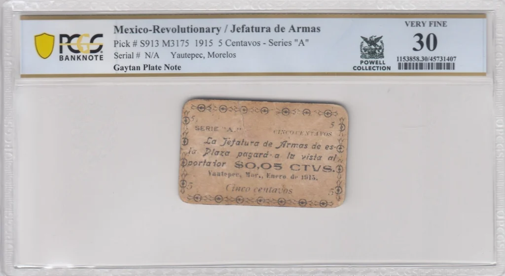 Revolutionary Currency 5 Centavos 1915 Morelos M3175 P S913 PCGS VF30 f_35738