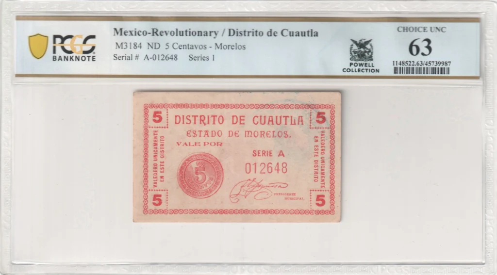 Mexican Currency Revolutionary Currency Revolutionary Currency 5 Centavos Morelos M3184 PCGS Ch UNC63 f_35739 Revolutionary Currency 5 Centavos Morelos M3184 PCGS Ch UNC63 f_35739