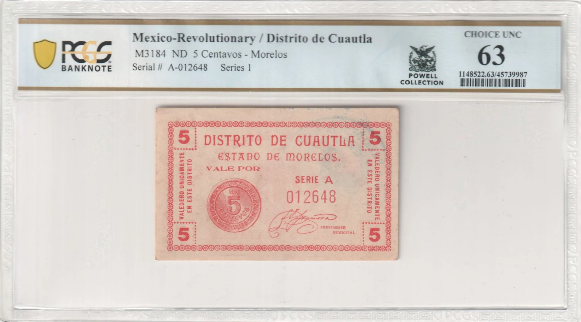 Mexican Currency Revolutionary Currency Revolutionary Currency 5 Centavos Morelos M3184 PCGS Ch UNC63 f_35739 Revolutionary Currency 5 Centavos Morelos M3184 PCGS Ch UNC63 f_35739