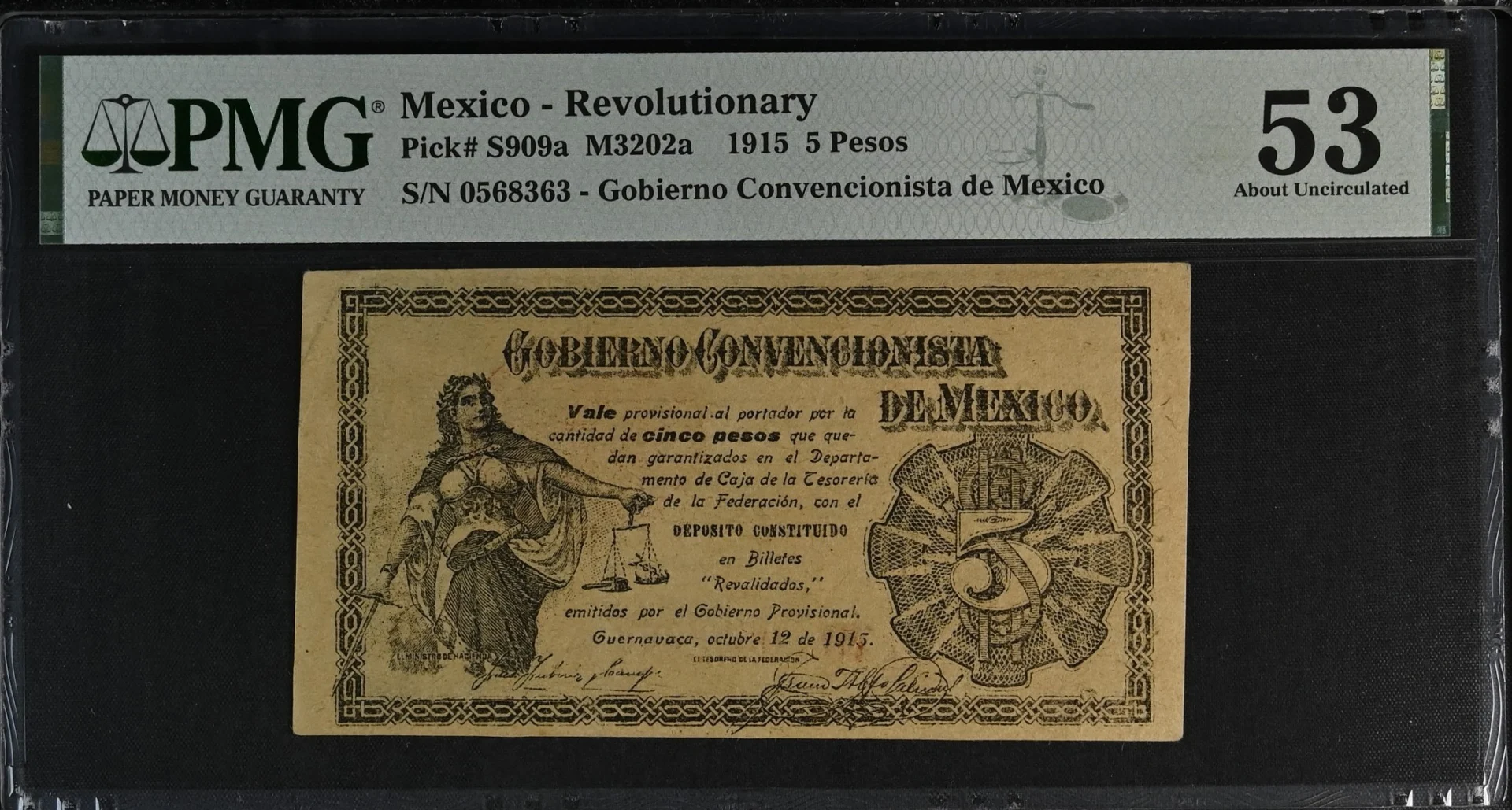 Mexican Currency Revolutionary Currency Revolutionary Currency 5 Pesos 1915 Morelos M3202a P S909a PMG AU53 f_35740 Revolutionary Currency 5 Pesos 1915 Morelos M3202a P S909a PMG AU53 f_35740