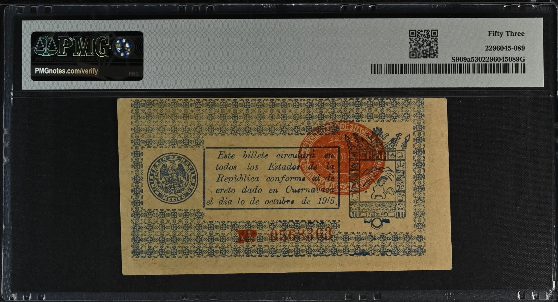 Mexican Currency Revolutionary Currency Revolutionary Currency 5 Pesos 1915 Morelos M3202a P S909a PMG AU53 f_35740 Revolutionary Currency 5 Pesos 1915 Morelos M3202a P S909a PMG AU53 f_35740Revolutionary Currency 5 Pesos 1915 Morelos M3202a P S909a PMG AU53 f_35740 - Image 2