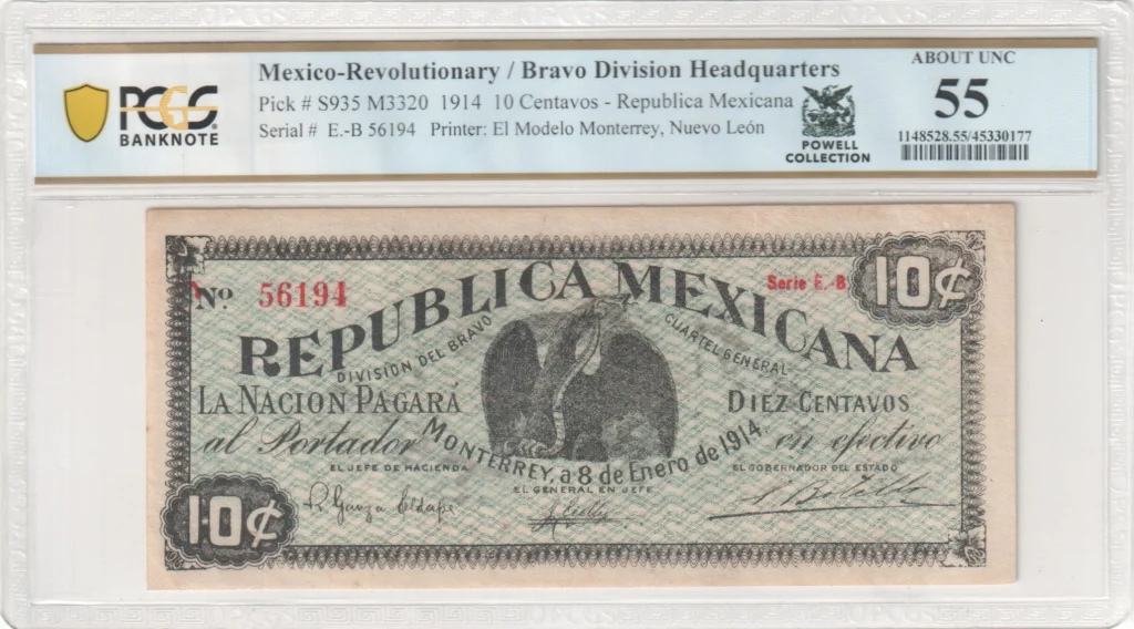 Revolutionary Currency 10 Centavos 1914 Nuevo Leon M3320 P S935 PCGS AU55 f_35742