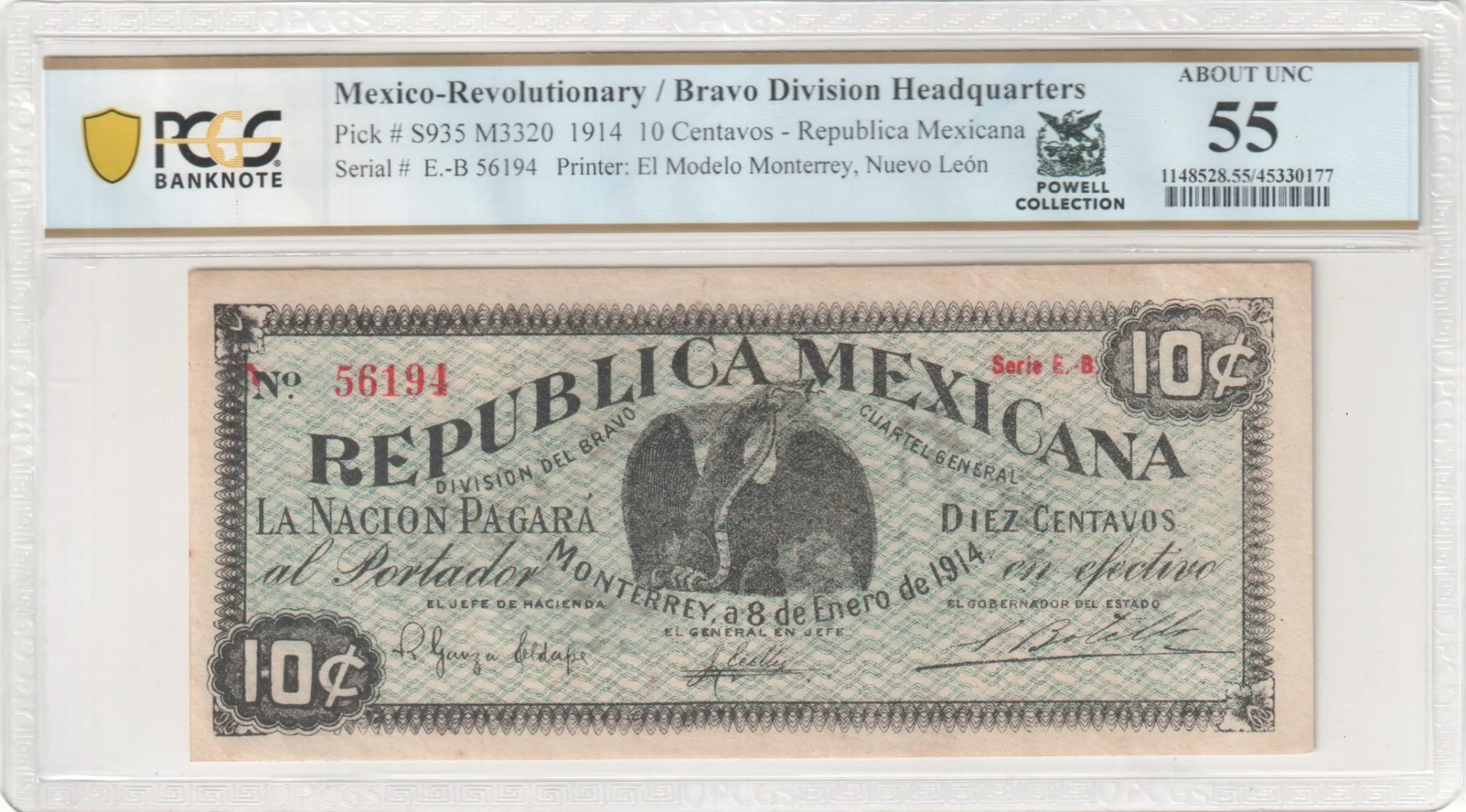 Mexican Currency Revolutionary Currency Revolutionary Currency 10 Centavos 1914 Nuevo Leon M3320 P S935 PCGS AU55 f_35742 Revolutionary Currency 10 Centavos 1914 Nuevo Leon M3320 P S935 PCGS AU55 f_35742