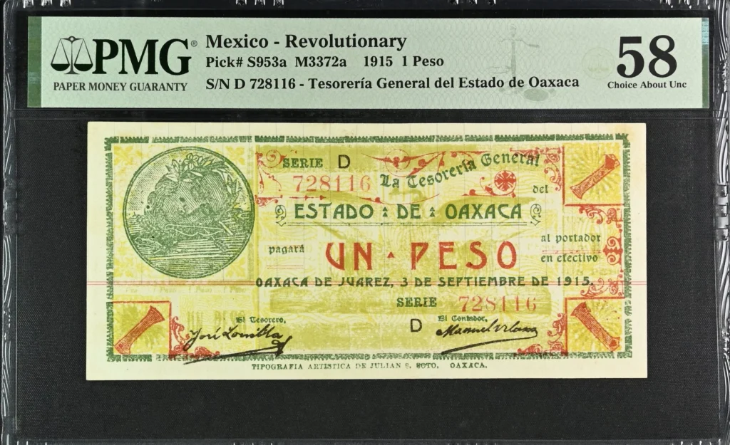 Mexican Currency Revolutionary Currency Revolutionary Currency Peso 1915 Oaxaca M3372a P S953a PMG Ch AU58 f_35744 Revolutionary Currency Peso 1915 Oaxaca M3372a P S953a PMG Ch AU58 f_35744
