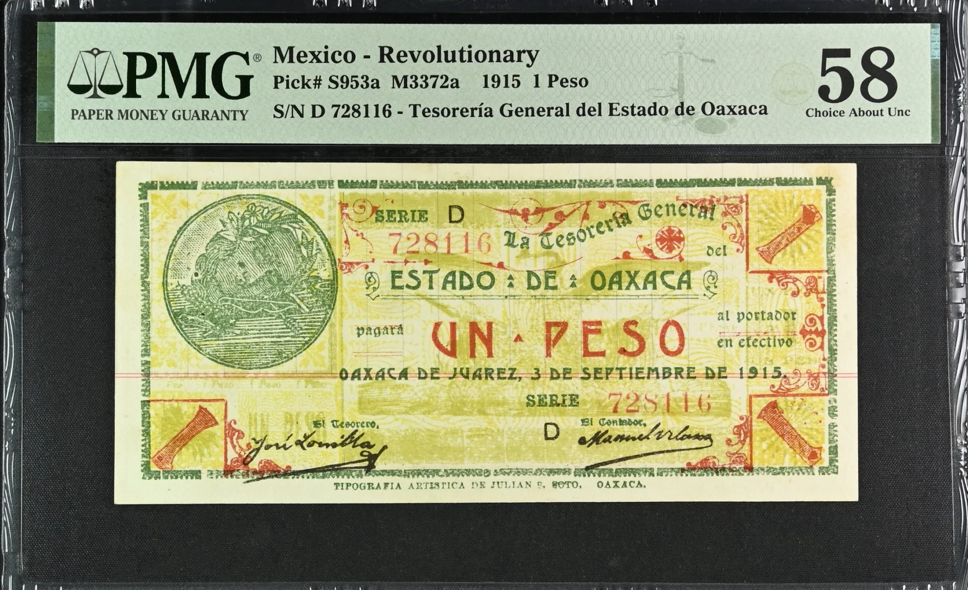 Mexican Currency Revolutionary Currency Revolutionary Currency Peso 1915 Oaxaca M3372a P S953a PMG Ch AU58 f_35744 Revolutionary Currency Peso 1915 Oaxaca M3372a P S953a PMG Ch AU58 f_35744