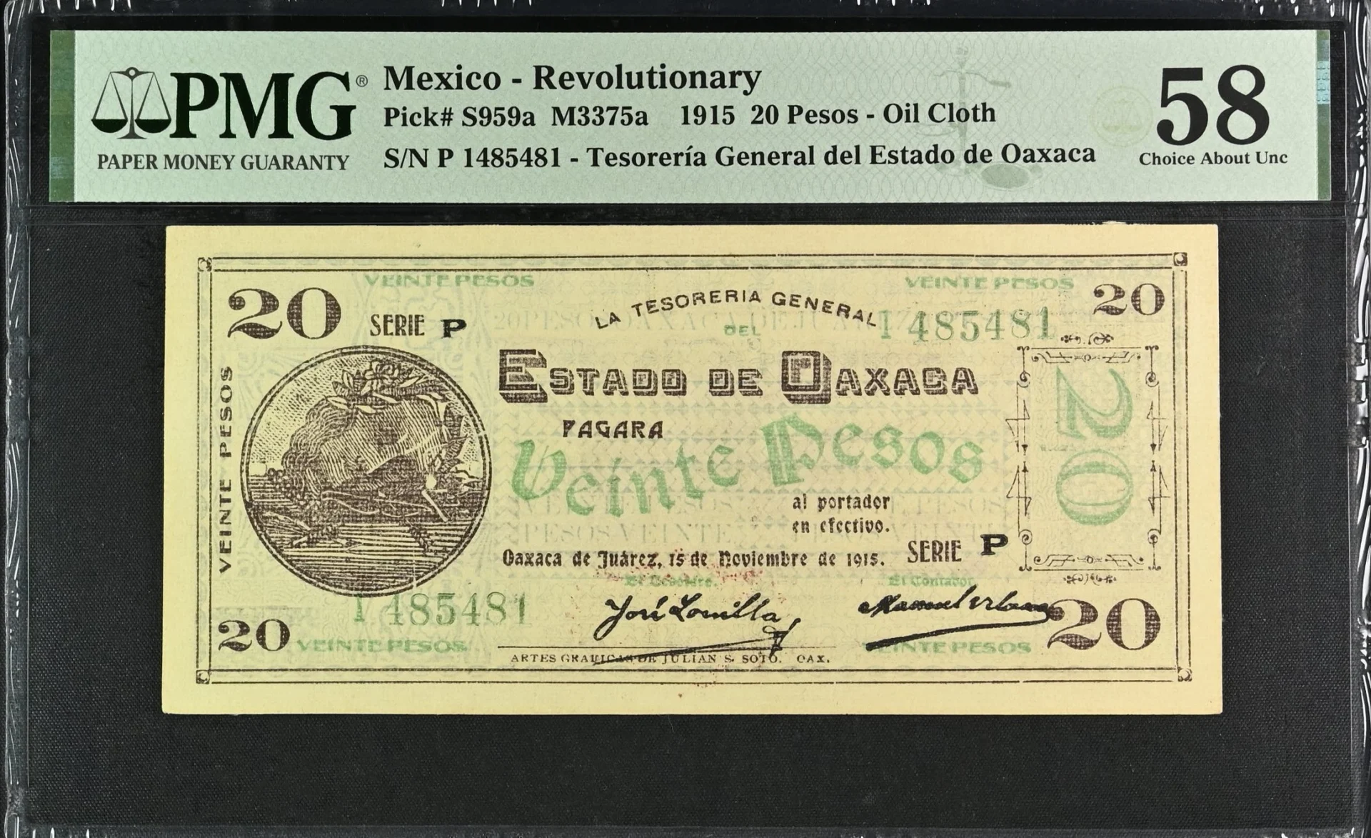 Mexican Currency Revolutionary Currency Revolutionary Currency 20 Pesos 1915 Oaxaca M3375a P S959a PMG Ch AU58 f_35745 Revolutionary Currency 20 Pesos 1915 Oaxaca M3375a P S959a PMG Ch AU58 f_35745