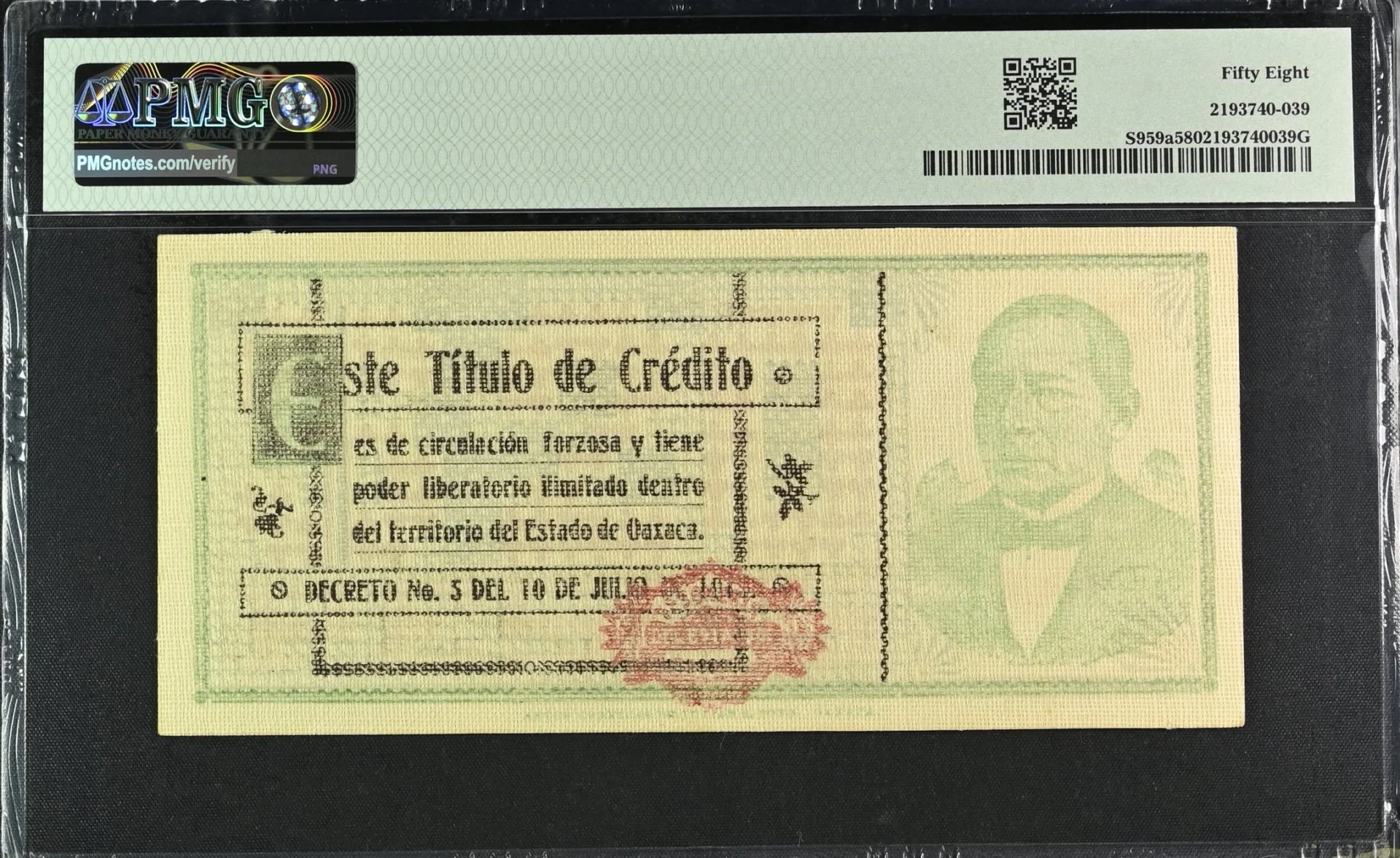 Mexican Currency Revolutionary Currency Revolutionary Currency 20 Pesos 1915 Oaxaca M3375a P S959a PMG Ch AU58 f_35745 Revolutionary Currency 20 Pesos 1915 Oaxaca M3375a P S959a PMG Ch AU58 f_35745Revolutionary Currency 20 Pesos 1915 Oaxaca M3375a P S959a PMG Ch AU58 f_35745 - Image 2