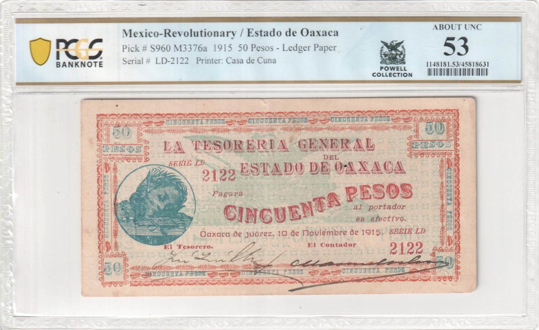 Mexican Currency Revolutionary Currency Revolutionary Currency 50 Pesos 1915 Oaxaca M3376a P S960 PCGS AU53 f_35746 Revolutionary Currency 50 Pesos 1915 Oaxaca M3376a P S960 PCGS AU53 f_35746