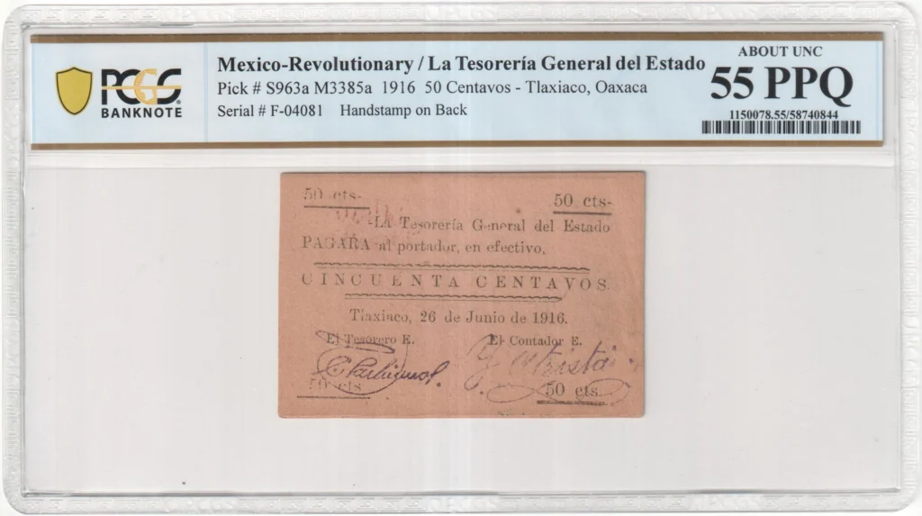 Mexican Currency Revolutionary Currency Revolutionary Currency 50 Centavos 1916 Oaxaca M3385a P S963a PCGS AU55 PPQ f_35747 Revolutionary Currency 50 Centavos 1916 Oaxaca M3385a P S963a PCGS AU55 PPQ f_35747