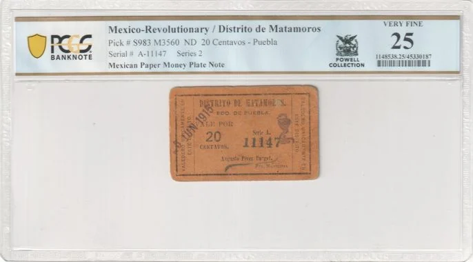 Mexican Currency Revolutionary Currency Revolutionary Currency 20 Centavos Puebla M3560 P S983 PCGS VF25 f_35748 Revolutionary Currency 20 Centavos Puebla M3560 P S983 PCGS VF25 f_35748