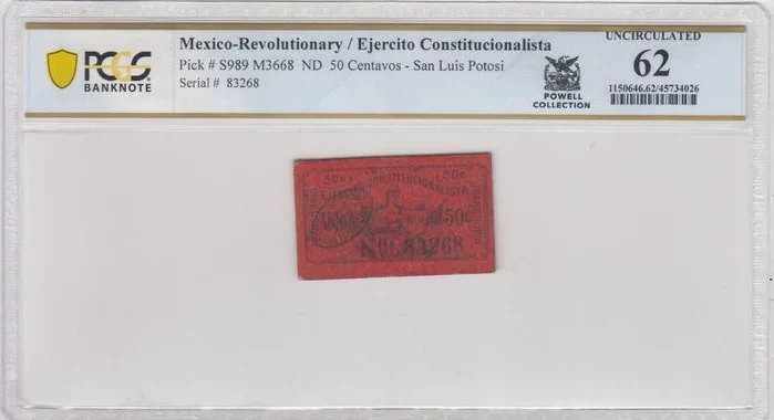 Mexican Currency Revolutionary Currency Revolutionary Currency 50 Centavos San Luis Potosi M3668 P S989 PCGS UNC62 f_35750 Revolutionary Currency 50 Centavos San Luis Potosi M3668 P S989 PCGS UNC62 f_35750