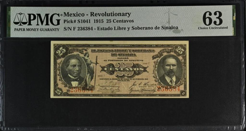 Mexican Currency Revolutionary Currency Revolutionary Currency 25 Centavos 1915 Sinaloa M3781 P S1041 PMG Ch UNC63 f_35752 Revolutionary Currency 25 Centavos 1915 Sinaloa M3781 P S1041 PMG Ch UNC63 f_35752