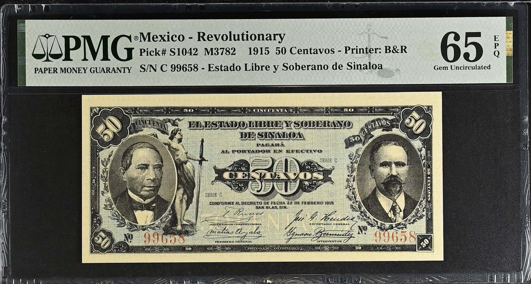 Mexican Currency Revolutionary Currency Revolutionary Currency 50 Centavos 1915 Sinaloa M3782 P S1042 PMG Gem UNC65 EPQ f_35753 Revolutionary Currency 50 Centavos 1915 Sinaloa M3782 P S1042 PMG Gem UNC65 EPQ f_35753