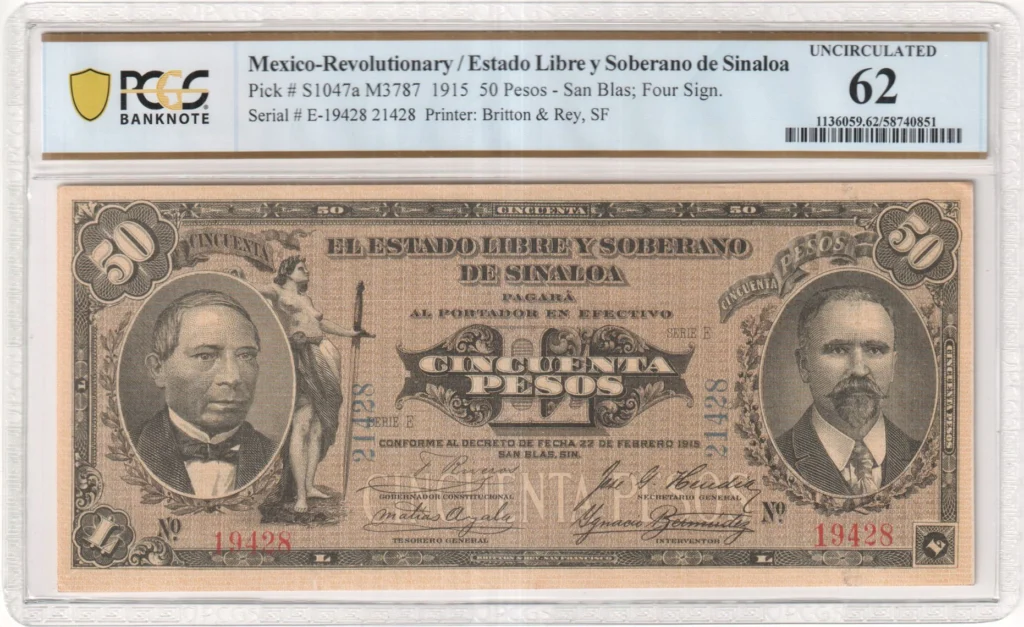 Mexican Currency Revolutionary Currency Revolutionary Currency 50 Pesos 1915 Sinaloa M3787 P S1047a PCGS UNC62 f_35754 Revolutionary Currency 50 Pesos 1915 Sinaloa M3787 P S1047a PCGS UNC62 f_35754