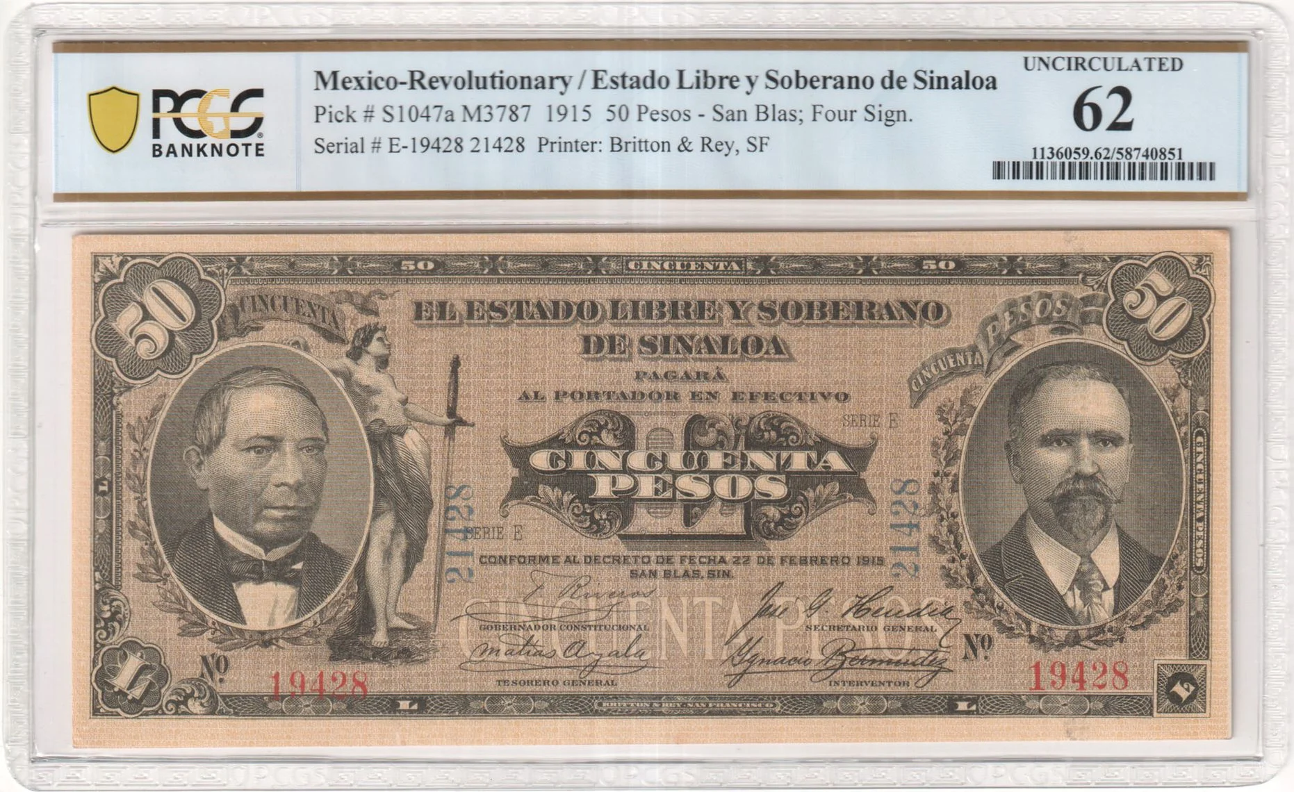 Mexican Currency Revolutionary Currency Revolutionary Currency 50 Pesos 1915 Sinaloa M3787 P S1047a PCGS UNC62 f_35754 Revolutionary Currency 50 Pesos 1915 Sinaloa M3787 P S1047a PCGS UNC62 f_35754