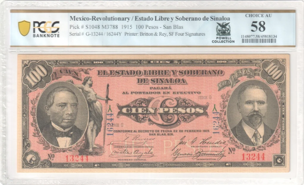 Mexican Currency Revolutionary Currency Revolutionary Currency 100 Pesos 1915 Sinaloa M3788 P S1048 PCGS Ch AU58 f_35755 Revolutionary Currency 100 Pesos 1915 Sinaloa M3788 P S1048 PCGS Ch AU58 f_35755