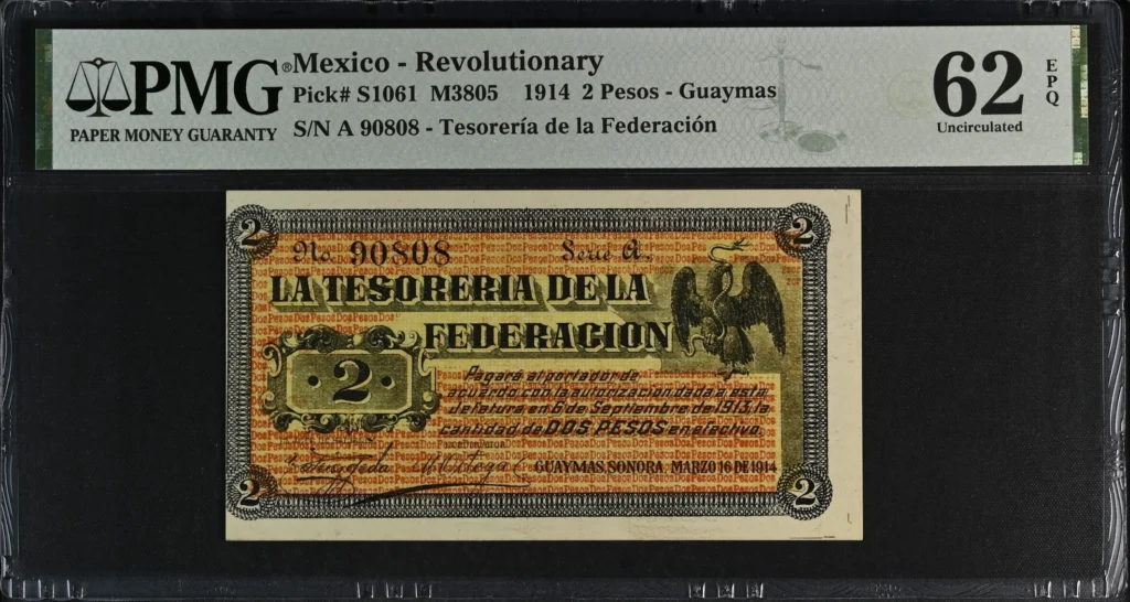 Mexican Currency Revolutionary Currency Revolutionary Currency 2 Pesos 1914 Sonora M3805 P S1061 PMG UNC62 EPQ f_35757 Revolutionary Currency 2 Pesos 1914 Sonora M3805 P S1061 PMG UNC62 EPQ f_35757