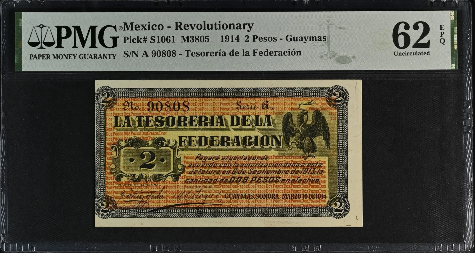 Mexican Currency Revolutionary Currency Revolutionary Currency 2 Pesos 1914 Sonora M3805 P S1061 PMG UNC62 EPQ f_35757 Revolutionary Currency 2 Pesos 1914 Sonora M3805 P S1061 PMG UNC62 EPQ f_35757