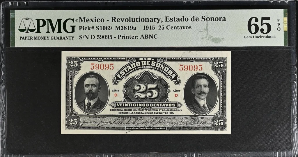 Mexican Currency Revolutionary Currency Revolutionary Currency 25 Centavos 1915 Sonora M3819a P S1069 PMG Gem UNC65 EPQ f_35758 Revolutionary Currency 25 Centavos 1915 Sonora M3819a P S1069 PMG Gem UNC65 EPQ f_35758
