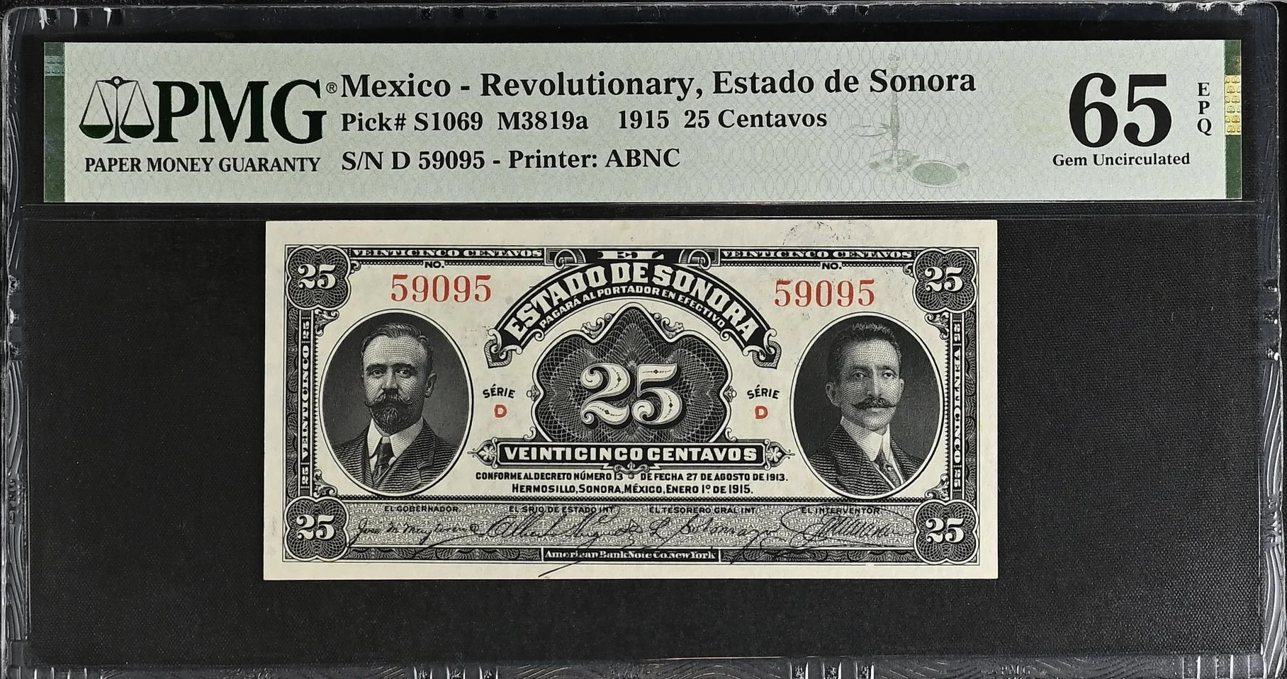 Mexican Currency Revolutionary Currency Revolutionary Currency 25 Centavos 1915 Sonora M3819a P S1069 PMG Gem UNC65 EPQ f_35758 Revolutionary Currency 25 Centavos 1915 Sonora M3819a P S1069 PMG Gem UNC65 EPQ f_35758