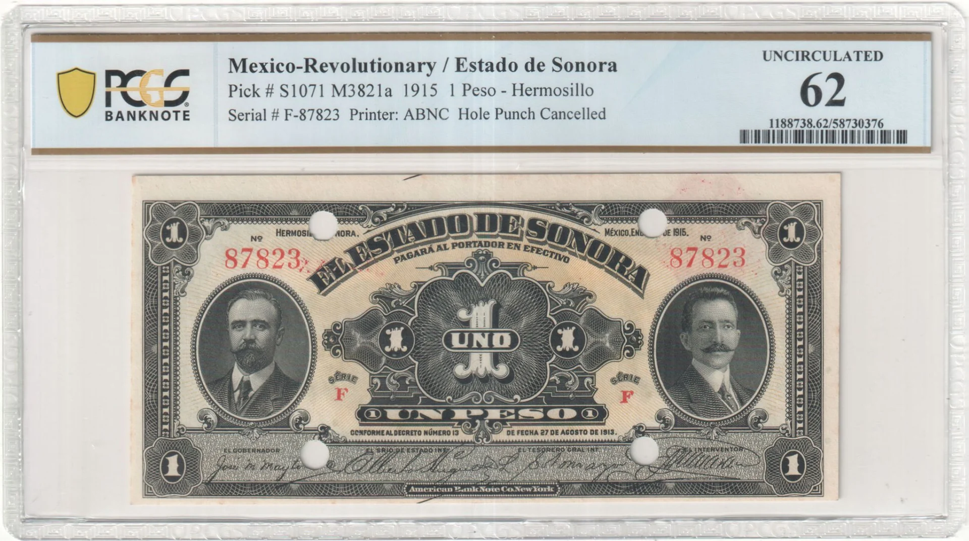 Mexican Currency Revolutionary Currency Revolutionary Currency Peso 1915 Sonora M3821a P S1071 PCGS UNC62 f_35759 Revolutionary Currency Peso 1915 Sonora M3821a P S1071 PCGS UNC62 f_35759
