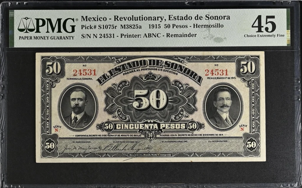 Mexican Currency Revolutionary Currency Revolutionary Currency 50 Pesos 1915 Sonora M3825a P S1075r PMG Ch XF45 f_35760 Revolutionary Currency 50 Pesos 1915 Sonora M3825a P S1075r PMG Ch XF45 f_35760