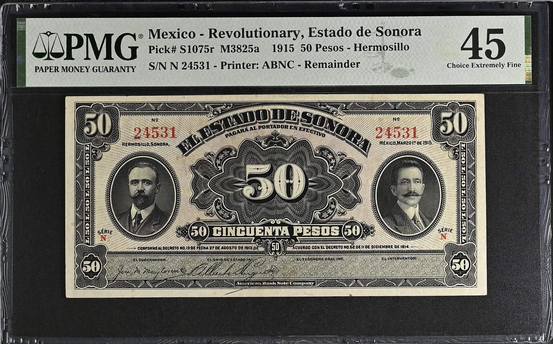 Mexican Currency Revolutionary Currency Revolutionary Currency 50 Pesos 1915 Sonora M3825a P S1075r PMG Ch XF45 f_35760 Revolutionary Currency 50 Pesos 1915 Sonora M3825a P S1075r PMG Ch XF45 f_35760