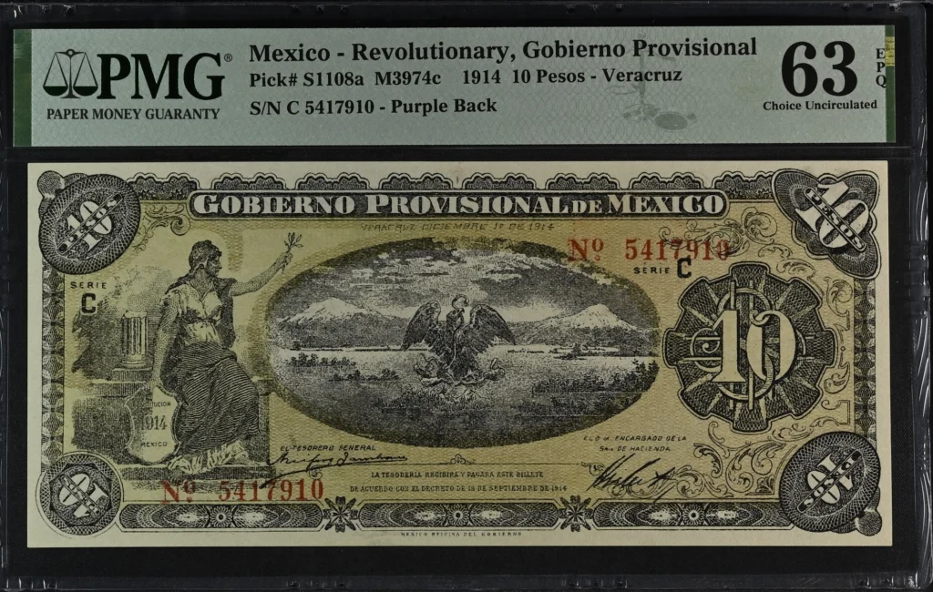 Mexican Currency Revolutionary Currency Revolutionary Currency 10 Pesos 1914 Veracruz M3974c P S1108a PMG Ch UNC63 EPQ f_35762 Revolutionary Currency 10 Pesos 1914 Veracruz M3974c P S1108a PMG Ch UNC63 EPQ f_35762
