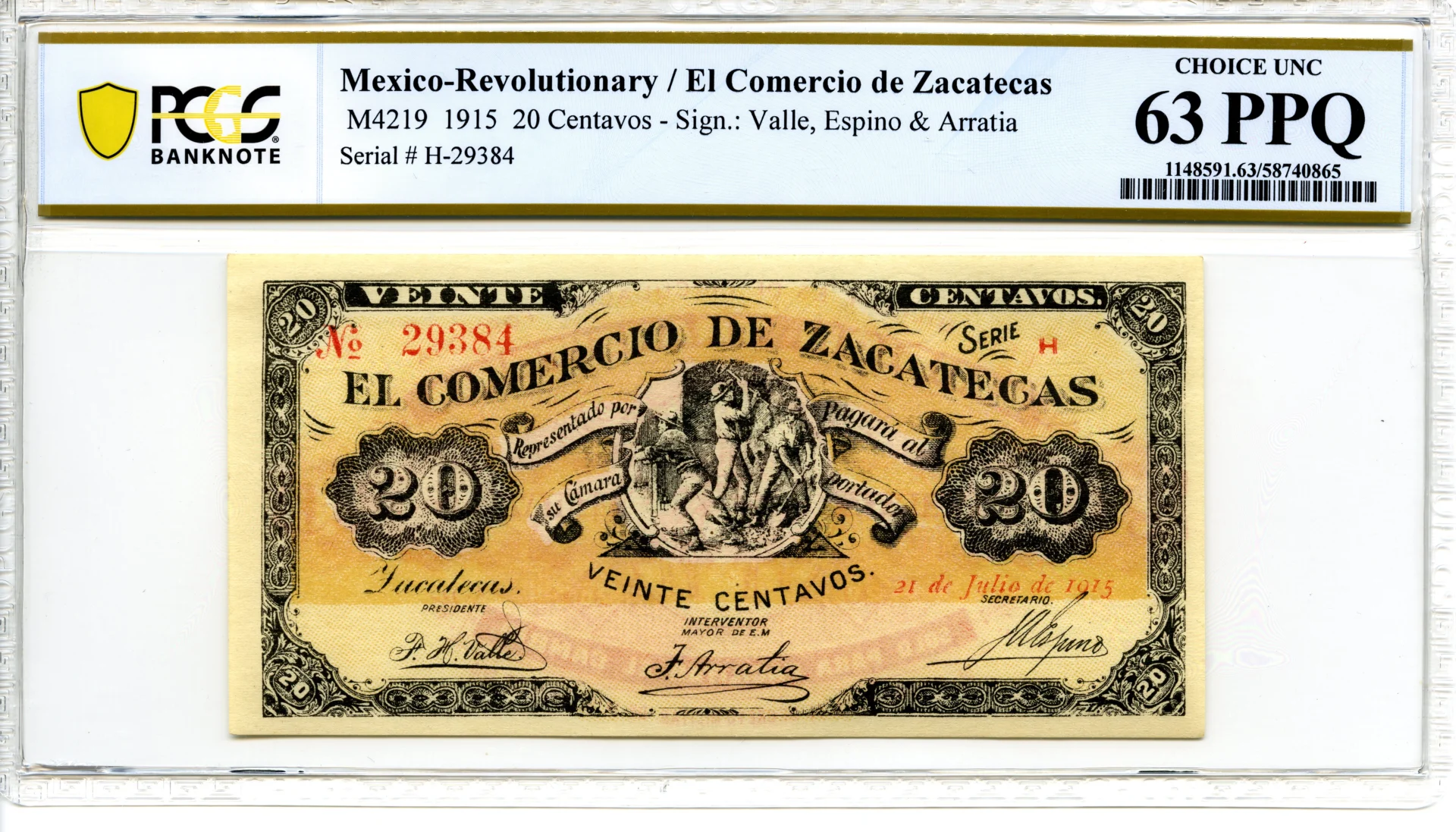 Mexican Currency Revolutionary Currency Revolutionary Currency 20 Centavos 1915 Zacatecas M4219 PCGS Ch UNC63 PPQ f_35763 Revolutionary Currency 20 Centavos 1915 Zacatecas M4219 PCGS Ch UNC63 PPQ f_35763